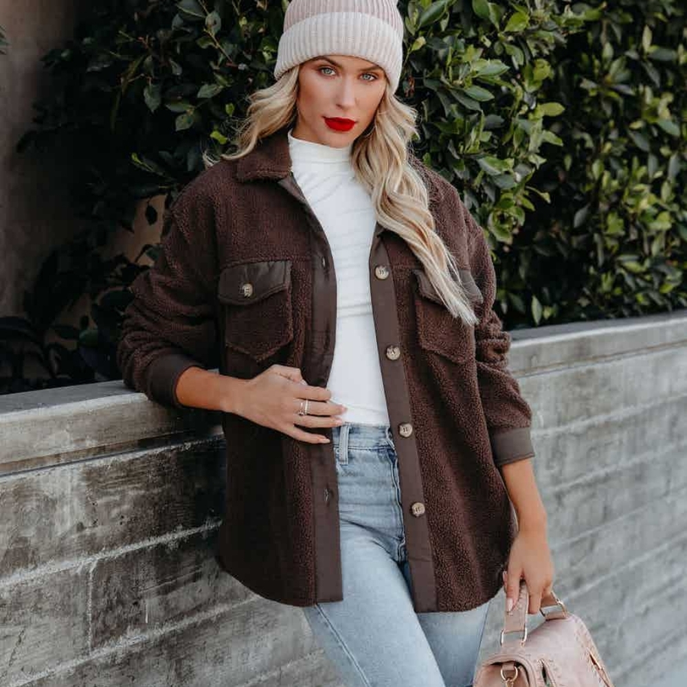 Vici Ren Button Down Fleece Jacket - Brown
